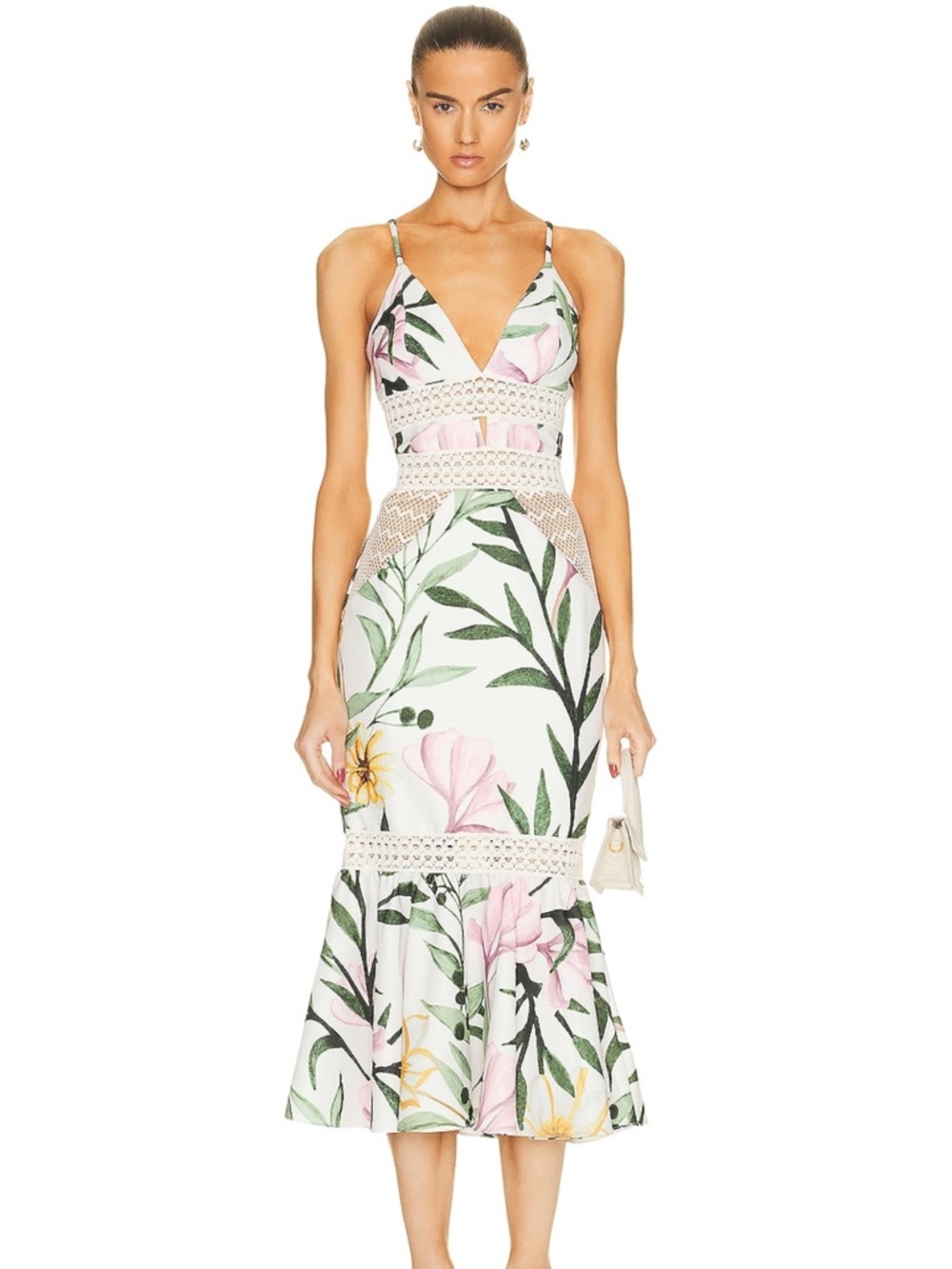PatBO White Floral Sundress with Green Leaves and Pink Accents